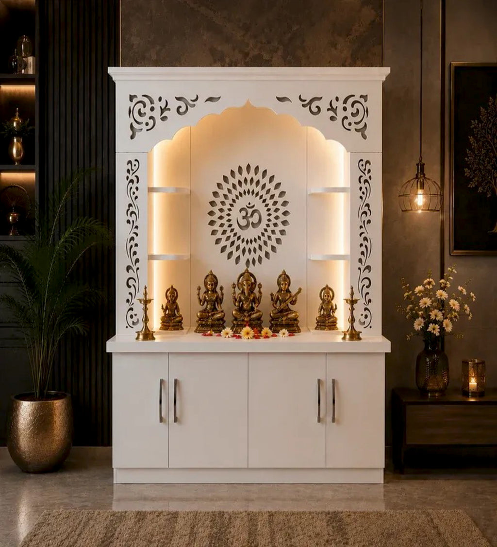 Premium White Wooden Floor Temple with Storage Space for Home
