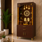 Aesthetic White Finish Wooden Floor Temple with Om LED Back Panel & Spacious Drawer Storage Cabinet for Home & Office
