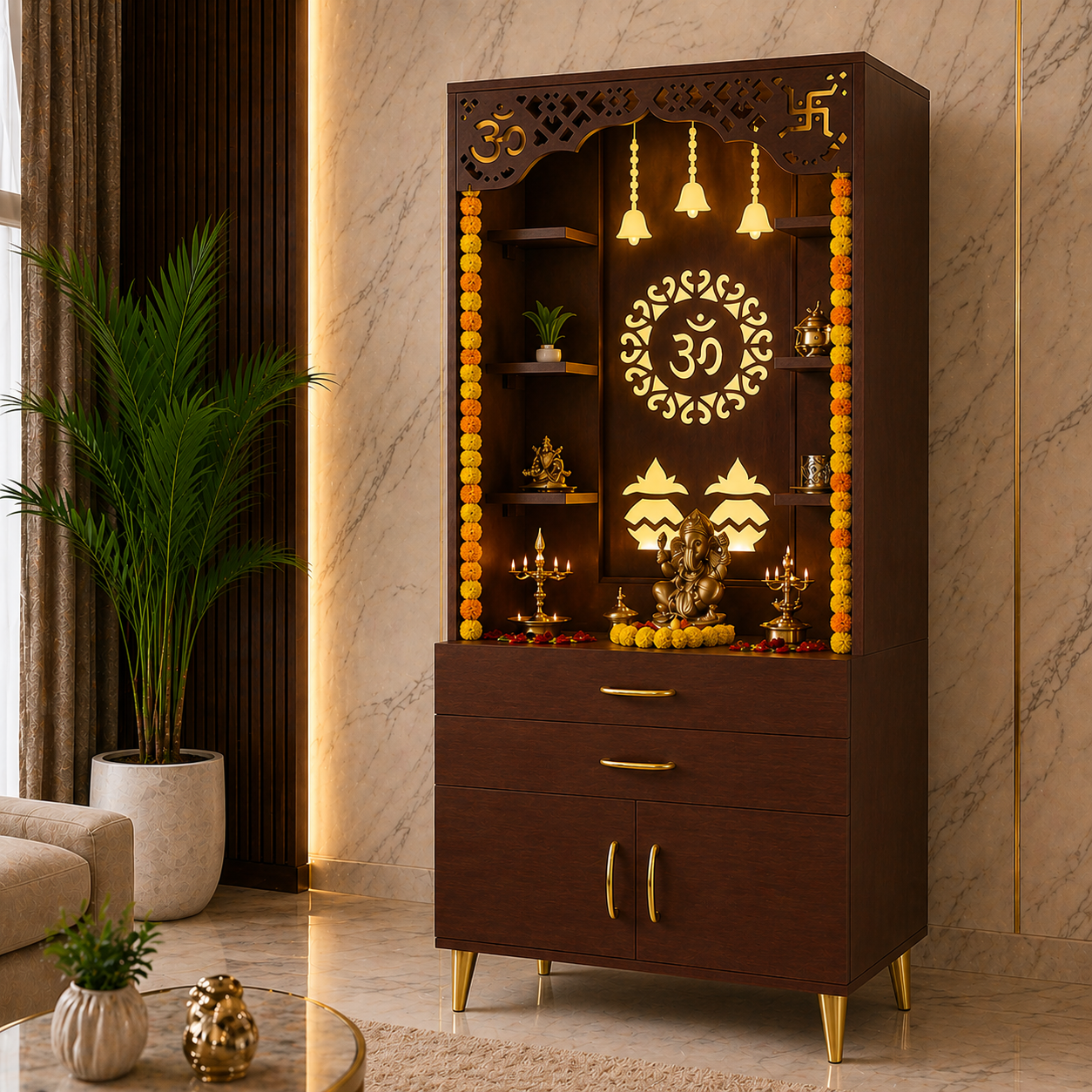 Aesthetic White Finish Wooden Floor Temple with Om LED Back Panel & Spacious Drawer Storage Cabinet for Home & Office