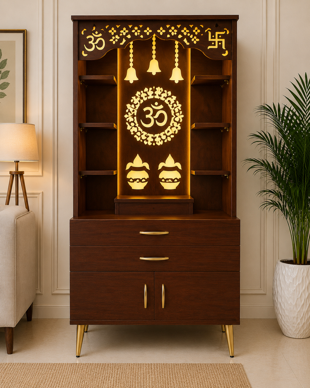 Aesthetic White Finish Wooden Floor Temple with Om LED Back Panel & Spacious Drawer Storage Cabinet for Home & Office