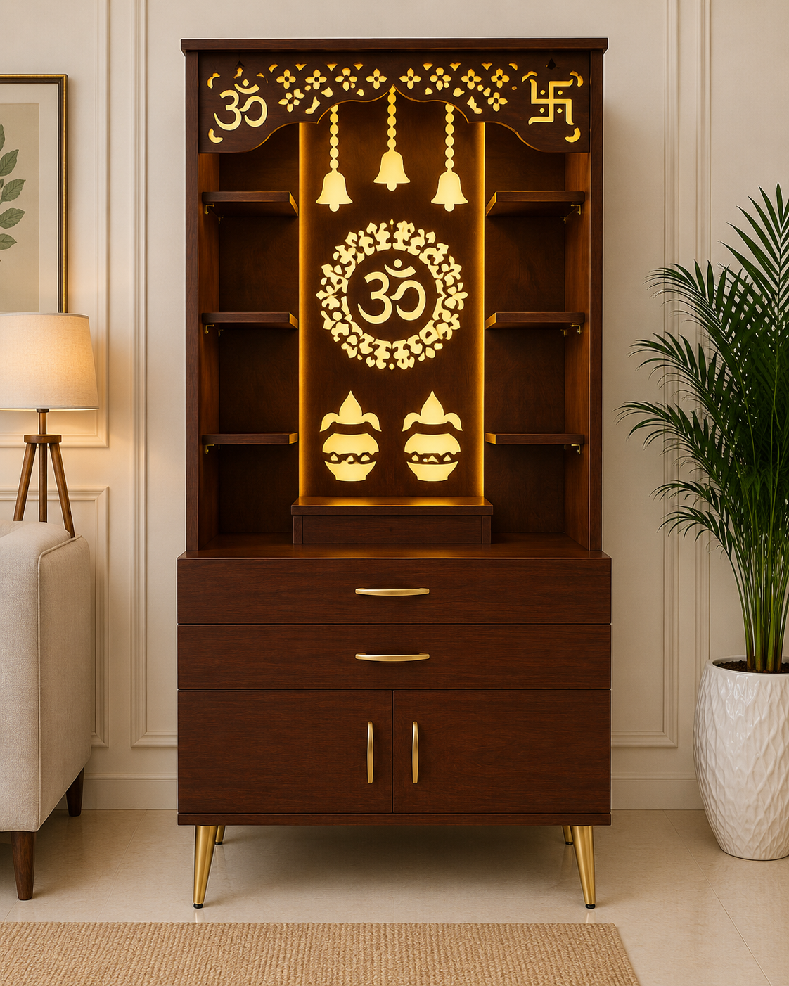 Aesthetic White Finish Wooden Floor Temple with Om LED Back Panel & Spacious Drawer Storage Cabinet for Home & Office