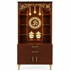 Aesthetic White Finish Wooden Floor Temple with Om LED Back Panel & Spacious Drawer Storage Cabinet for Home & Office