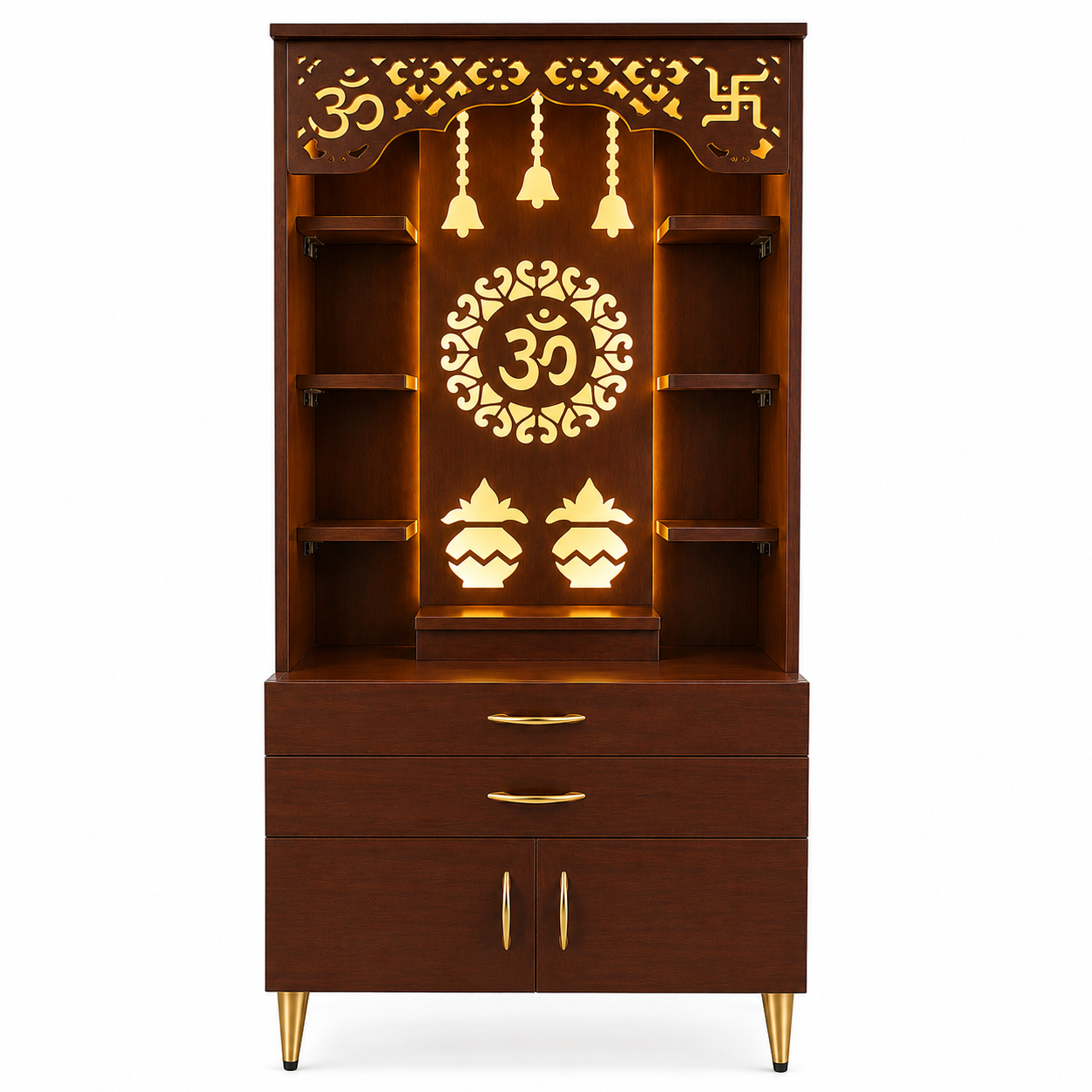 Aesthetic White Finish Wooden Floor Temple with Om LED Back Panel & Spacious Drawer Storage Cabinet for Home & Office
