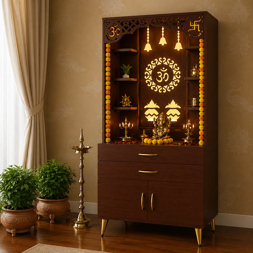 Aesthetic White Finish Wooden Floor Temple with Om LED Back Panel & Spacious Drawer Storage Cabinet for Home & Office