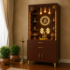 Aesthetic White Finish Wooden Floor Temple with Om LED Back Panel & Spacious Drawer Storage Cabinet for Home & Office