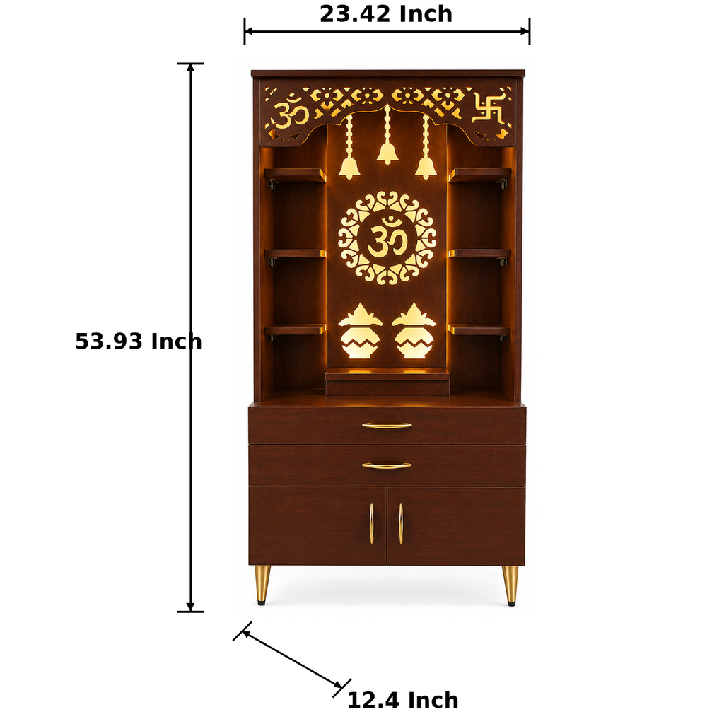Aesthetic White Finish Wooden Floor Temple with Om LED Back Panel & Spacious Drawer Storage Cabinet for Home & Office