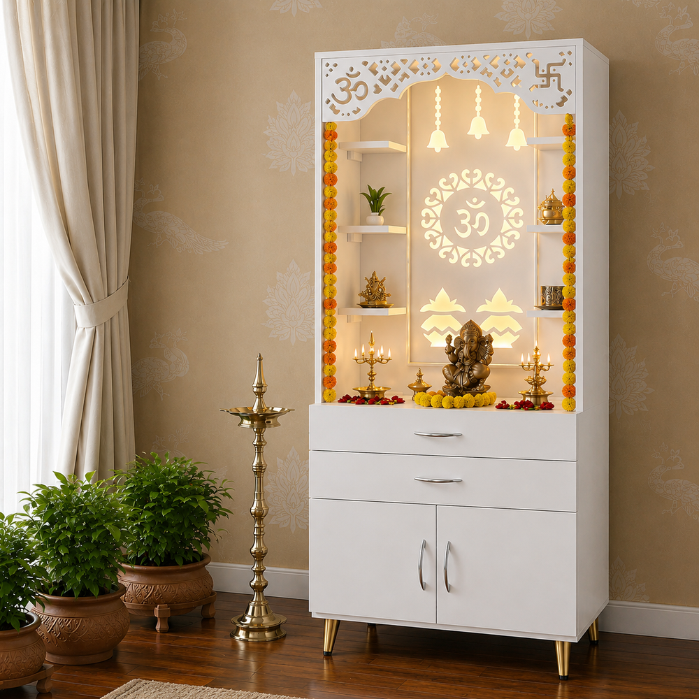 Aesthetic White Finish Wooden Floor Temple with Om LED Back Panel & Spacious Drawer Storage Cabinet for Home & Office