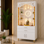 Aesthetic White Finish Wooden Floor Temple with Om LED Back Panel & Spacious Drawer Storage Cabinet for Home & Office