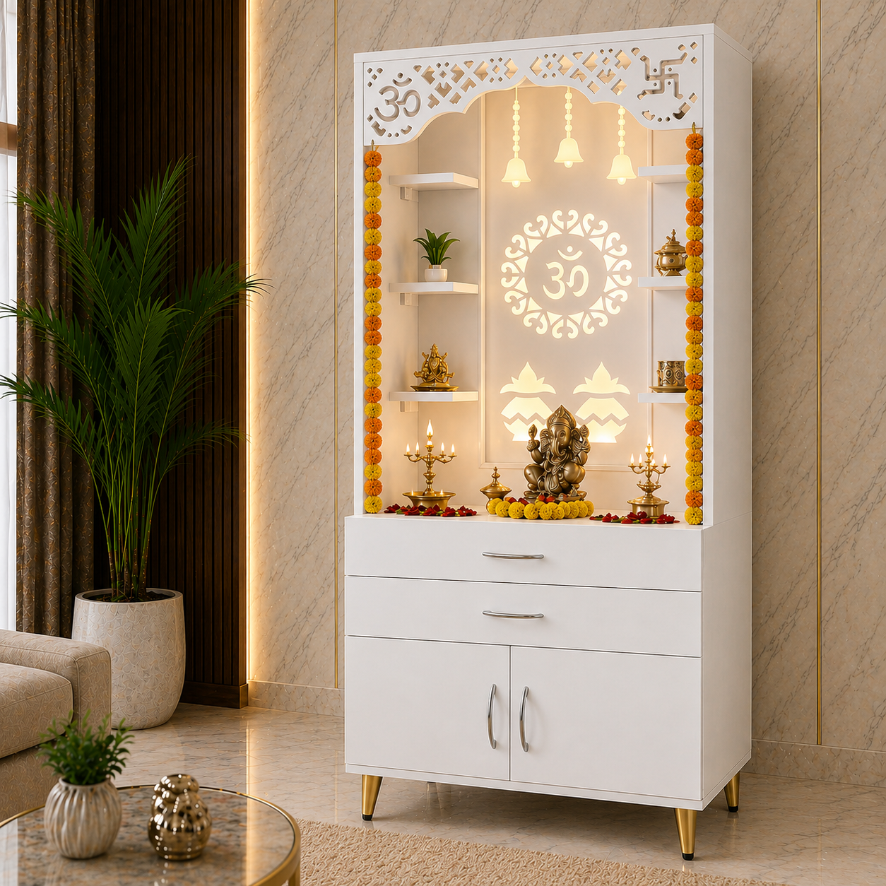 Aesthetic White Finish Wooden Floor Temple with Om LED Back Panel & Spacious Drawer Storage Cabinet for Home & Office