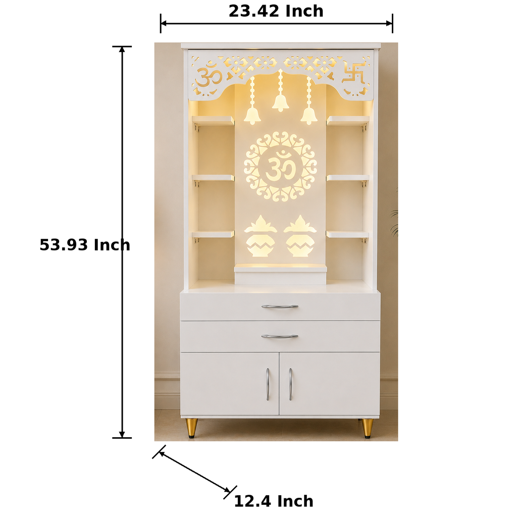 Aesthetic White Finish Wooden Floor Temple with Om LED Back Panel & Spacious Drawer Storage Cabinet for Home & Office