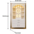 Aesthetic White Finish Wooden Floor Temple with Om LED Back Panel & Spacious Drawer Storage Cabinet for Home & Office