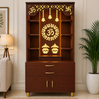 Aesthetic White Finish Wooden Floor Temple with Om LED Back Panel & Spacious Drawer Storage Cabinet for Home & Office