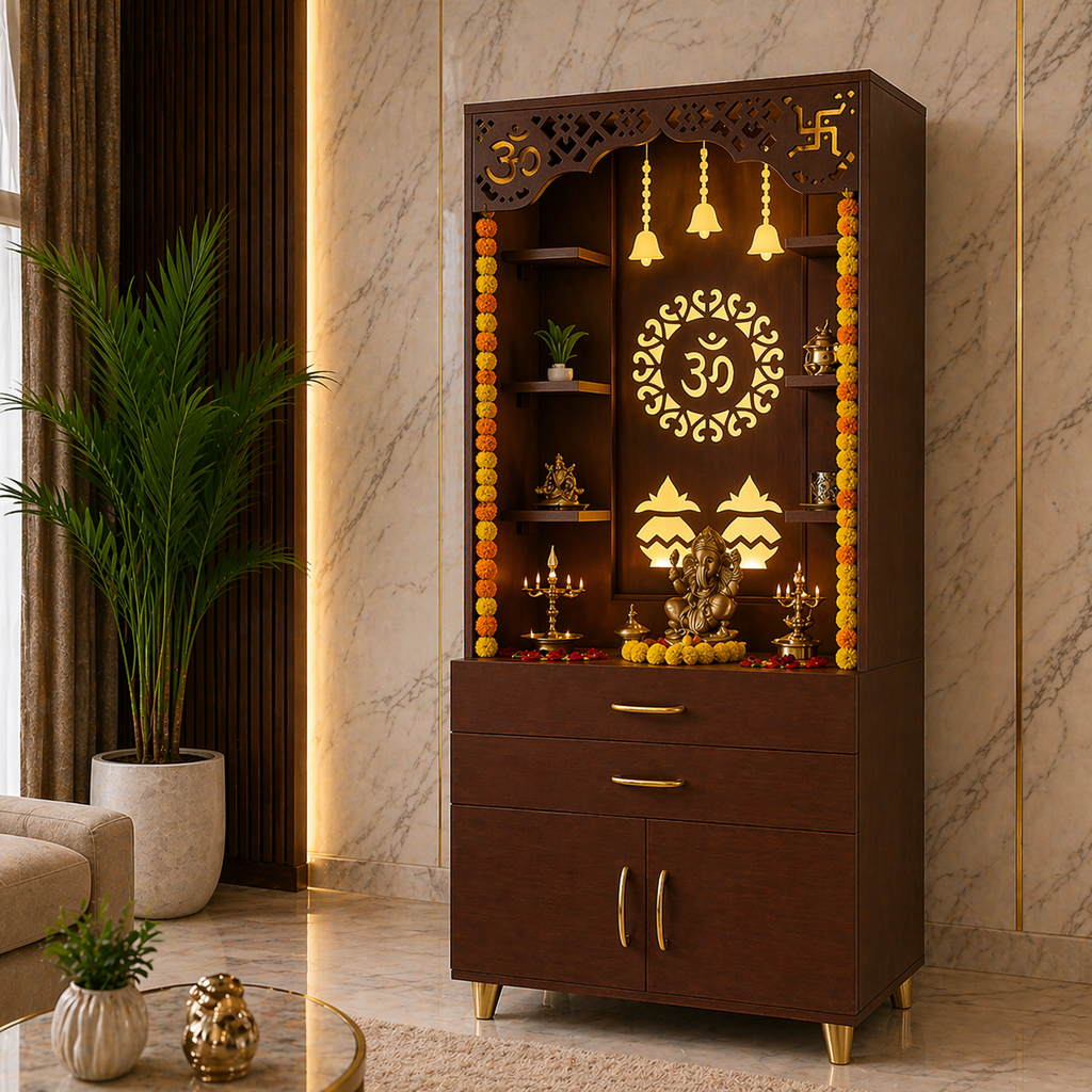 Aesthetic White Finish Wooden Floor Temple with Om LED Back Panel & Spacious Drawer Storage Cabinet for Home & Office