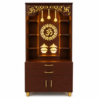 Aesthetic White Finish Wooden Floor Temple with Om LED Back Panel & Spacious Drawer Storage Cabinet for Home & Office