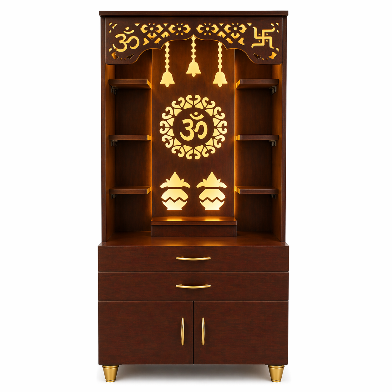 Aesthetic White Finish Wooden Floor Temple with Om LED Back Panel & Spacious Drawer Storage Cabinet for Home & Office