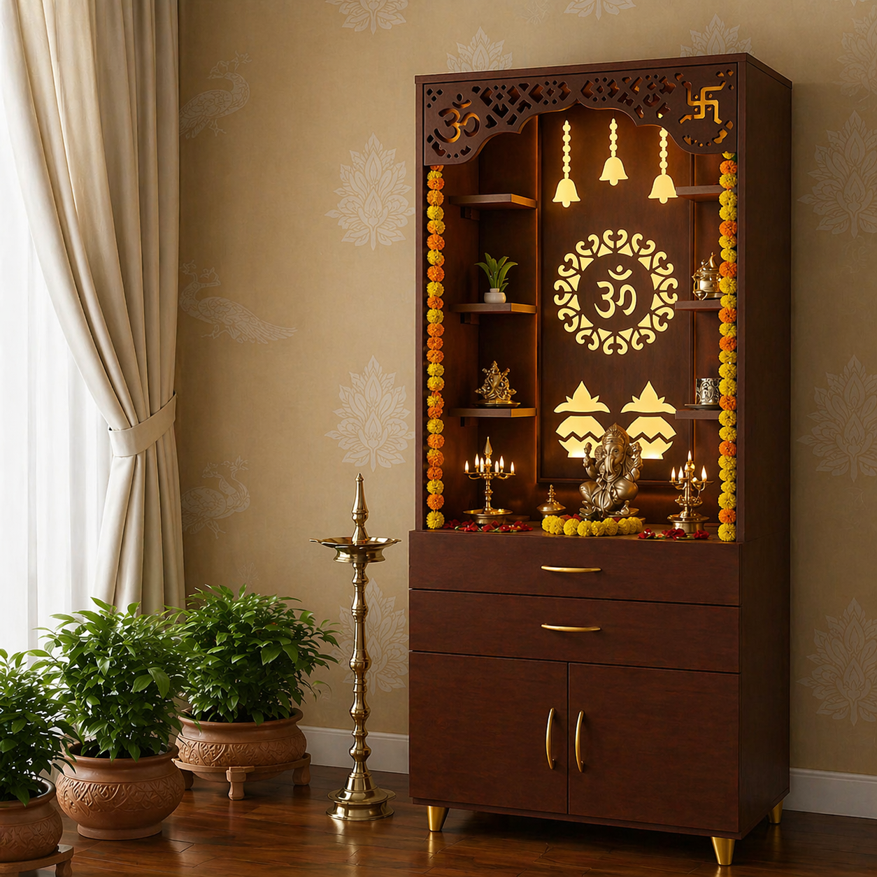Aesthetic White Finish Wooden Floor Temple with Om LED Back Panel & Spacious Drawer Storage Cabinet for Home & Office