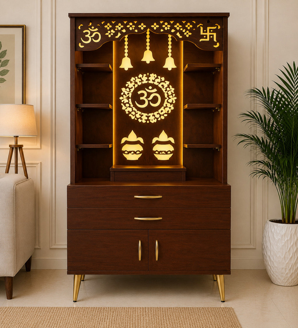Aesthetic White Finish Wooden Floor Temple with Om LED Back Panel & Spacious Drawer Storage Cabinet for Home & Office