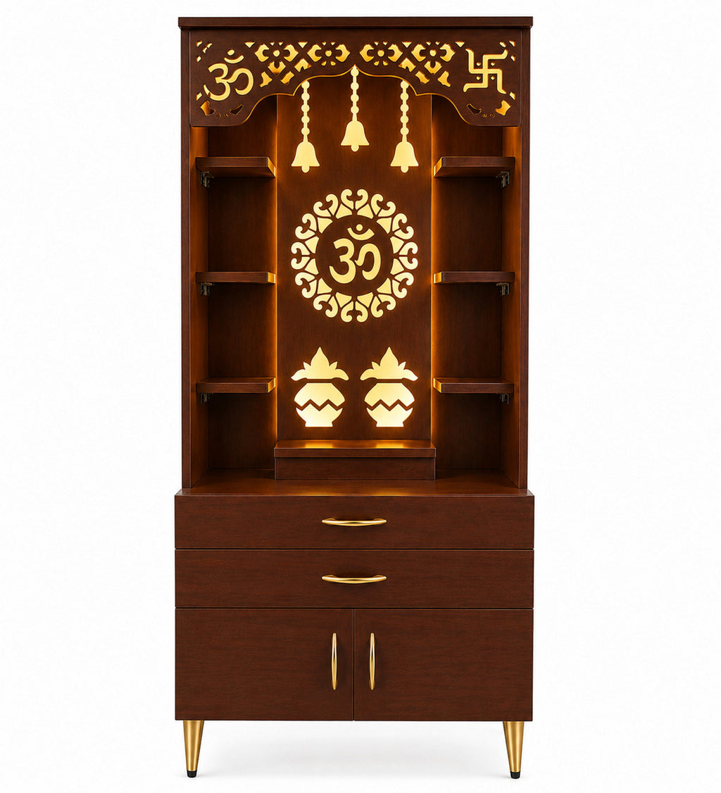 Aesthetic White Finish Wooden Floor Temple with Om LED Back Panel & Spacious Drawer Storage Cabinet for Home & Office