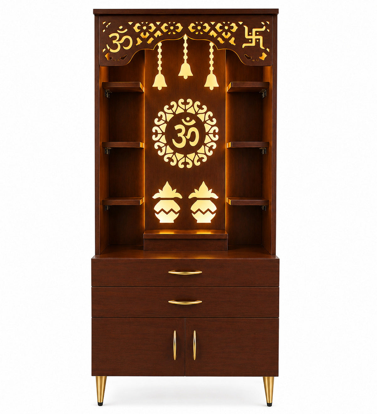 Aesthetic White Finish Wooden Floor Temple with Om LED Back Panel & Spacious Drawer Storage Cabinet for Home & Office