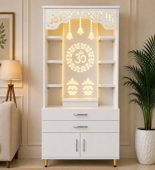 Aesthetic White Finish Wooden Floor Temple with Om LED Back Panel & Spacious Drawer Storage Cabinet for Home & Office