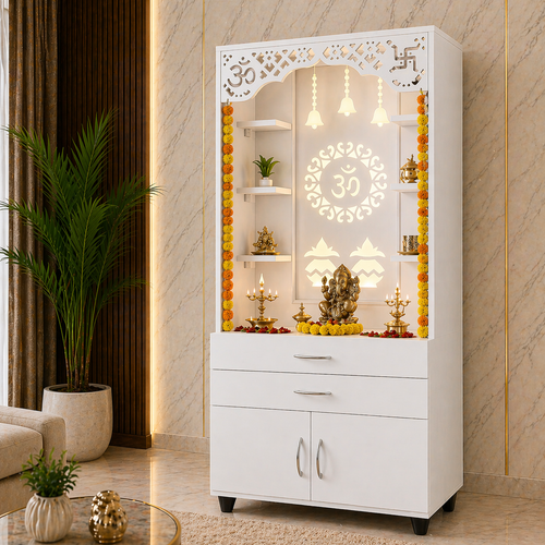 Aesthetic White Finish Wooden Floor Temple with Om LED Back Panel & Spacious Drawer Storage Cabinet for Home & Office
