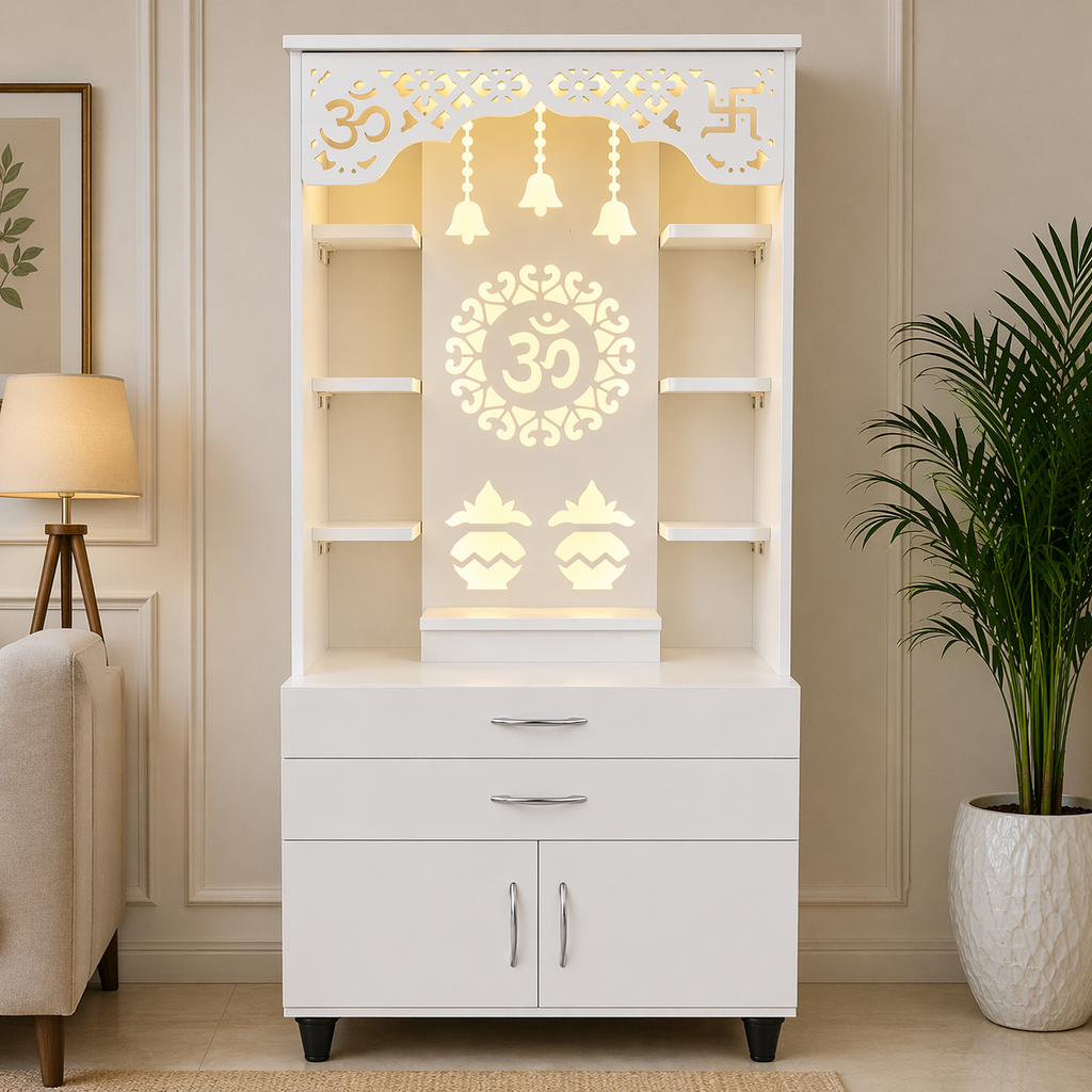 Aesthetic White Finish Wooden Floor Temple with Om LED Back Panel & Spacious Drawer Storage Cabinet for Home & Office