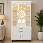 Aesthetic White Finish Wooden Floor Temple with Om LED Back Panel & Spacious Drawer Storage Cabinet for Home & Office