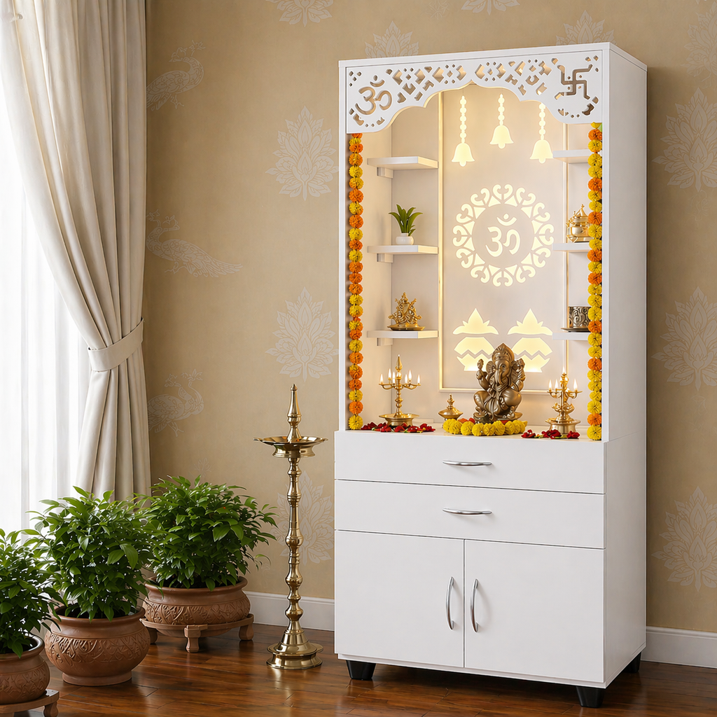 Aesthetic White Finish Wooden Floor Temple with Om LED Back Panel & Spacious Drawer Storage Cabinet for Home & Office
