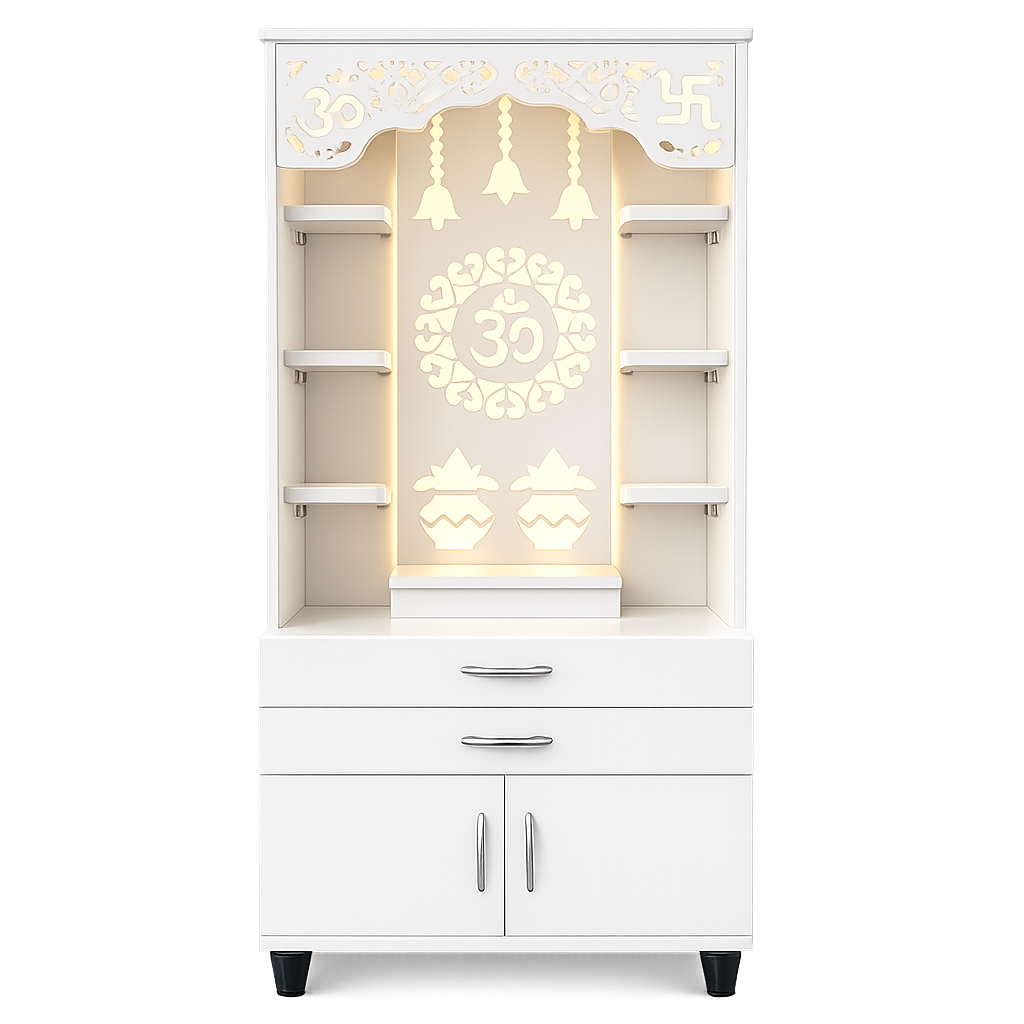 Aesthetic White Finish Wooden Floor Temple with Om LED Back Panel & Spacious Drawer Storage Cabinet for Home & Office
