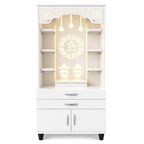 Aesthetic White Finish Wooden Floor Temple with Om LED Back Panel & Spacious Drawer Storage Cabinet for Home & Office