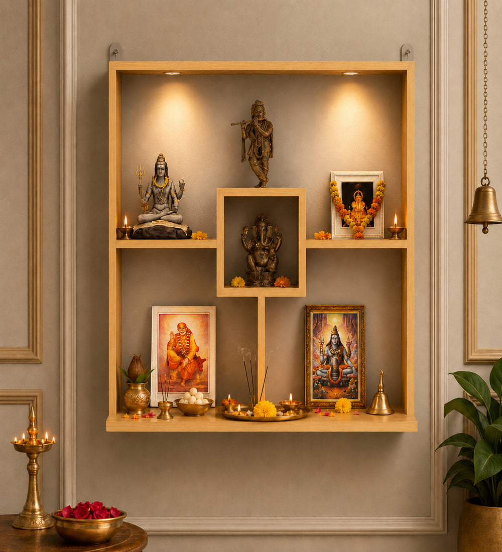 Stunning Wall Mounted Shelf Styled Wooden Temple with LED Lights for Home