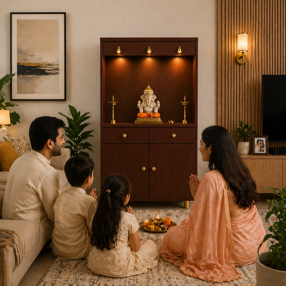 Premium Wooden Floor Temple with Spacious Drawer & Door Storage for Home & Office