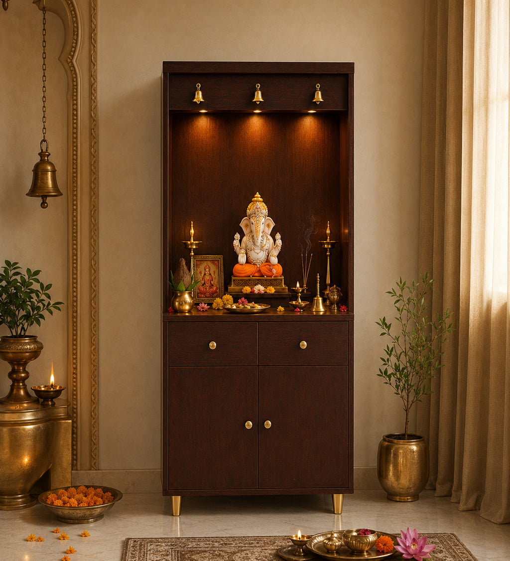 Premium Wooden Floor Temple with Spacious Drawer & Door Storage for Home & Office