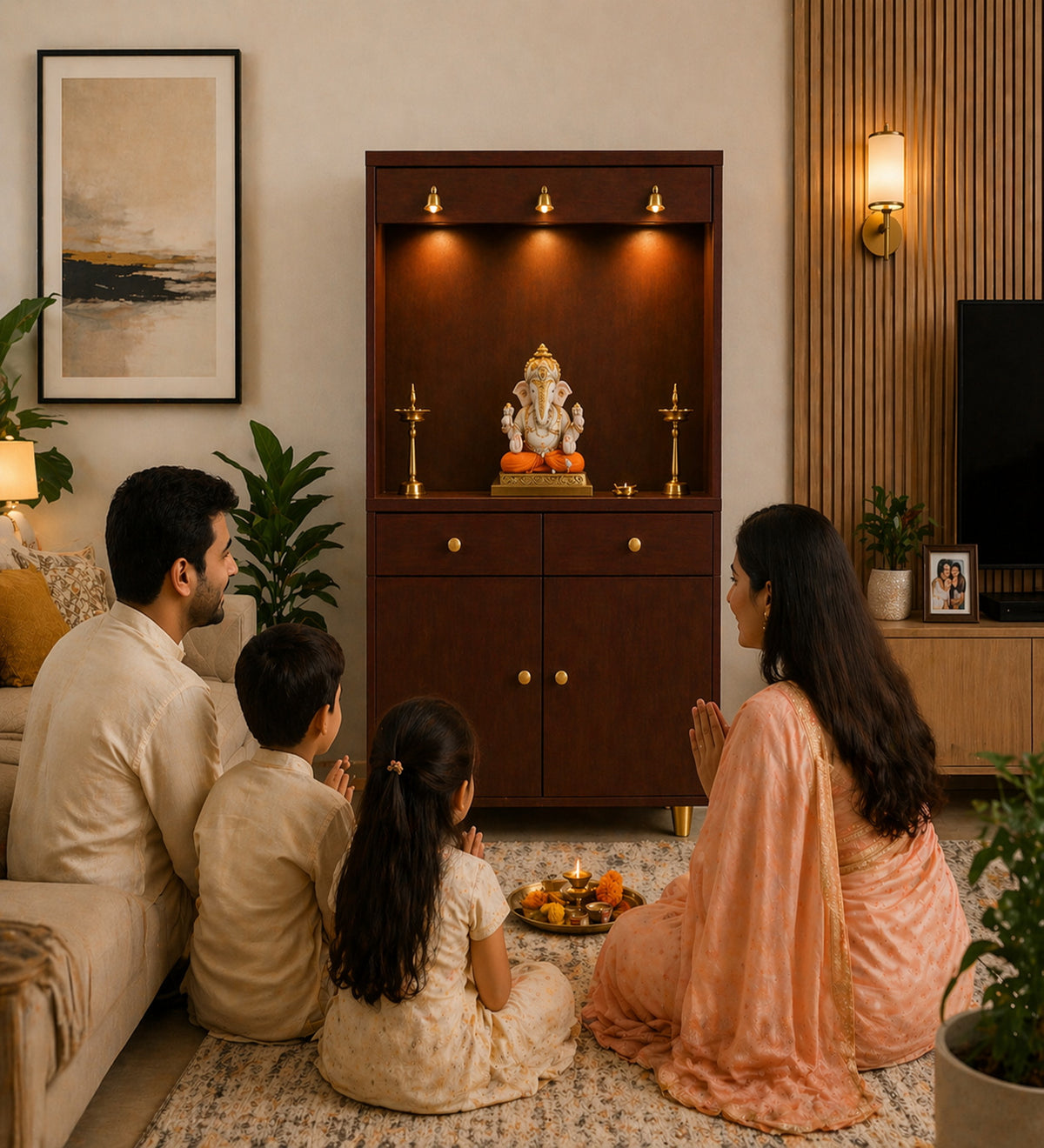 Premium Wooden Floor Temple with Spacious Drawer & Door Storage for Home & Office