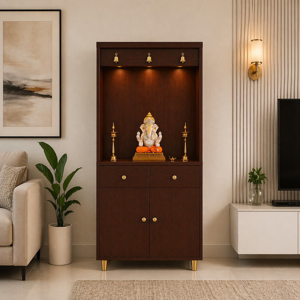 Premium Wooden Floor Temple with Spacious Drawer & Door Storage for Home & Office