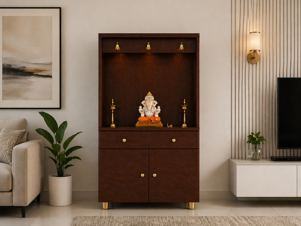 Premium Wooden Floor Temple with Spacious Drawer & Door Storage for Home & Office