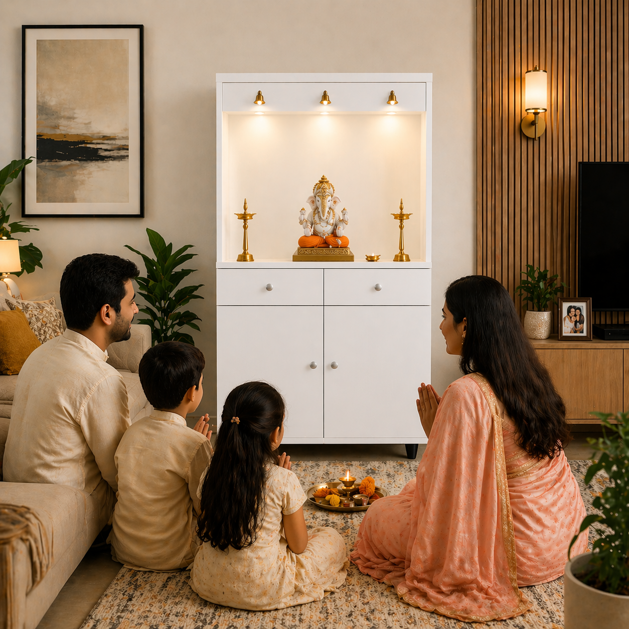 Premium Wooden Floor Temple with Spacious Drawer & Door Storage for Home & Office