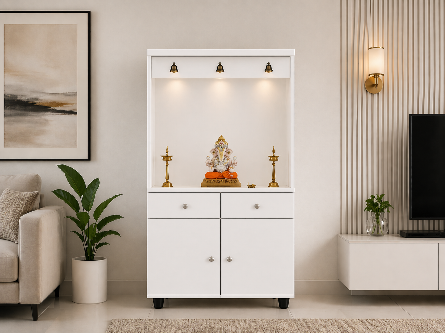 Premium Wooden Floor Temple with Spacious Drawer & Door Storage for Home & Office