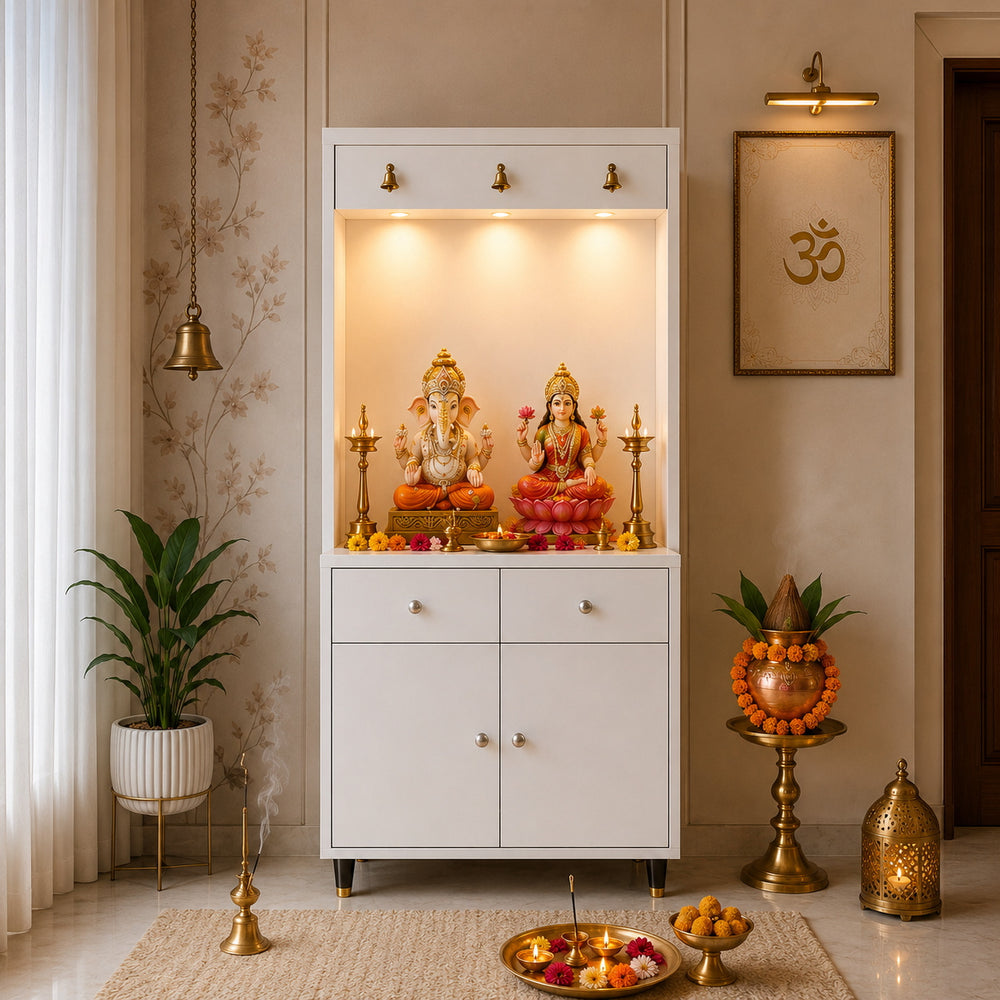 Premium Wooden Floor Temple with Spacious Drawer & Door Storage for Home & Office