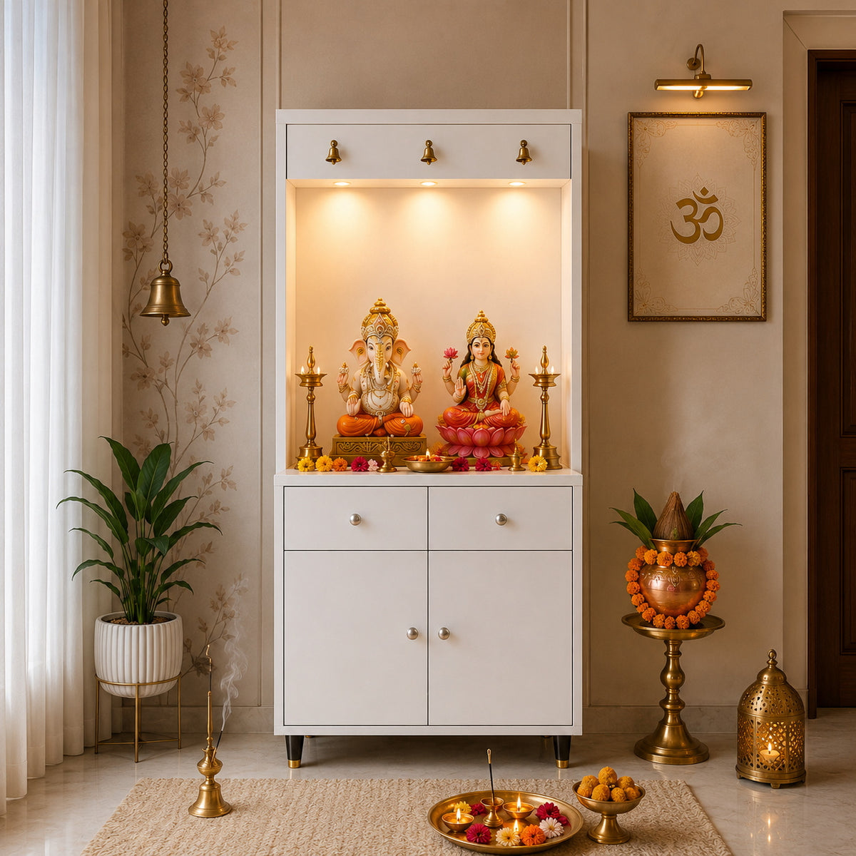 Premium Wooden Floor Temple with Spacious Drawer & Door Storage for Home & Office