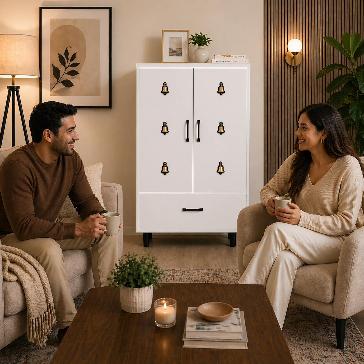 Compact Wooden Floor Temple with Bell Design Door & Spacious Storage Drawer for Home