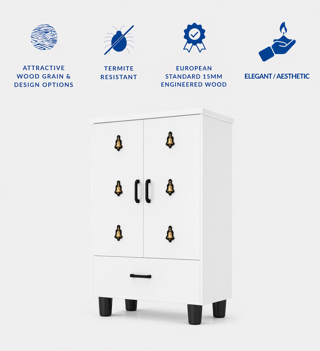 Compact Wooden Floor Temple with Bell Design Door & Spacious Storage Drawer for Home