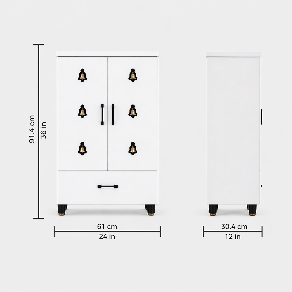 Compact Wooden Floor Temple with Bell Design Door & Spacious Storage Drawer for Home