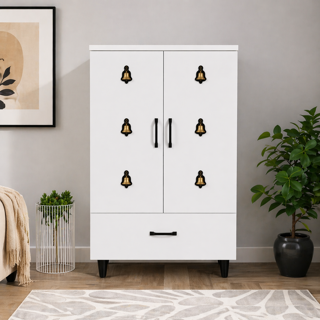 Compact Wooden Floor Temple with Bell Design Door & Spacious Storage Drawer for Home
