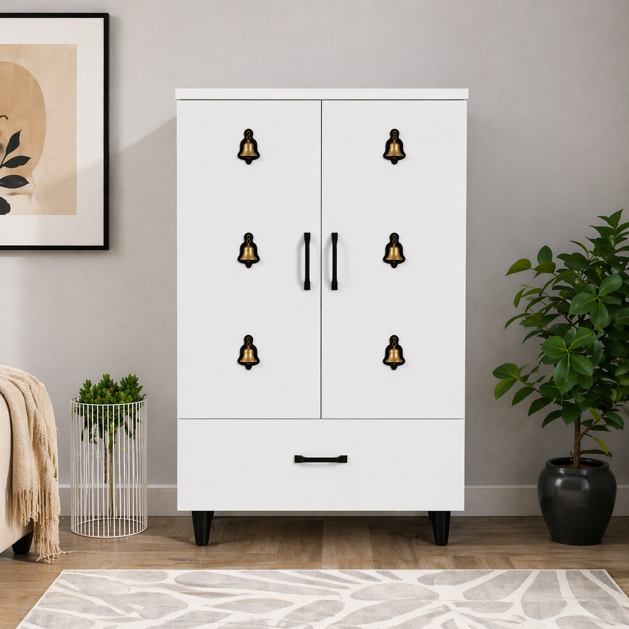Compact Wooden Floor Temple with Bell Design Door & Spacious Storage Drawer for Home