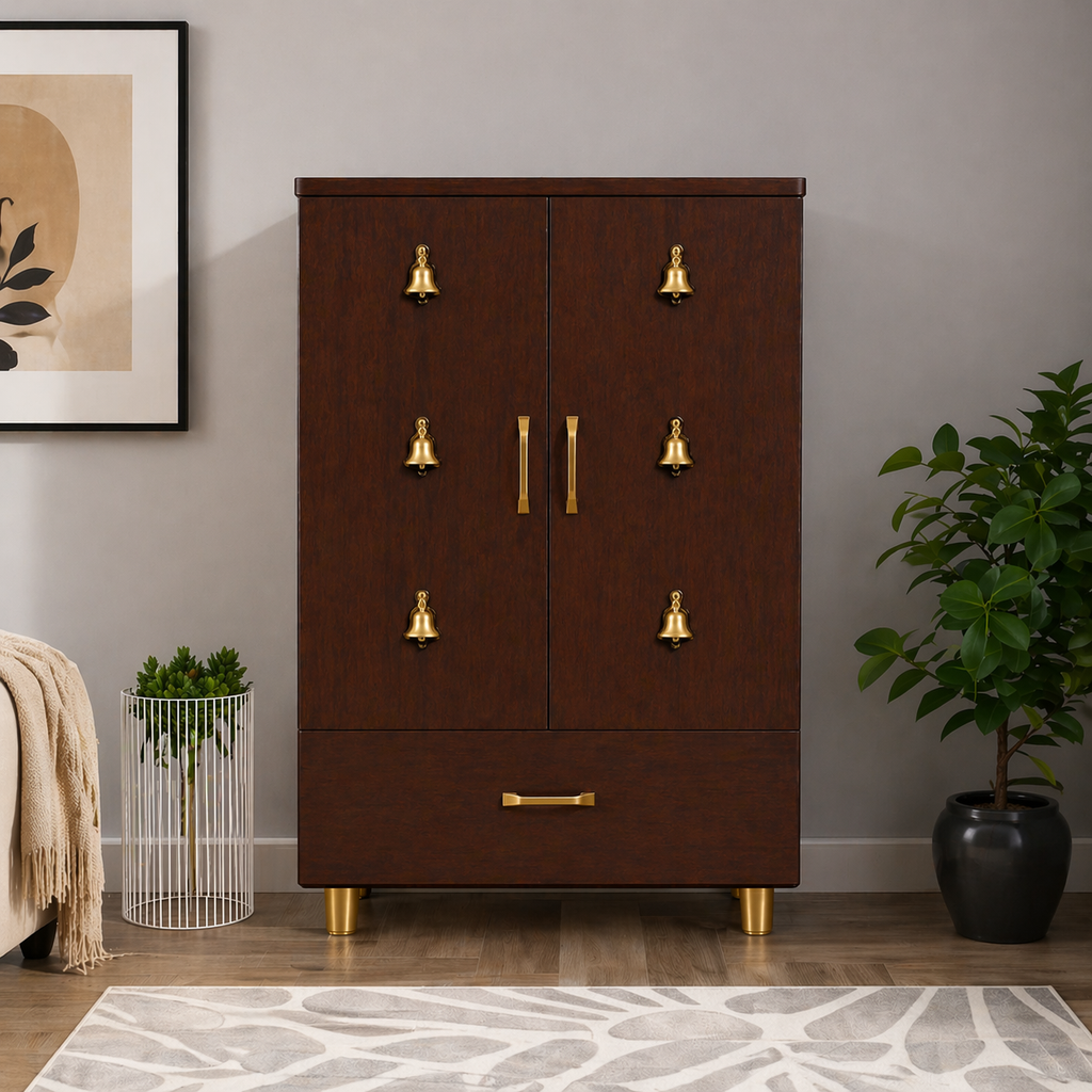 Compact Wooden Floor Temple with Bell Design Door & Spacious Storage Drawer for Home