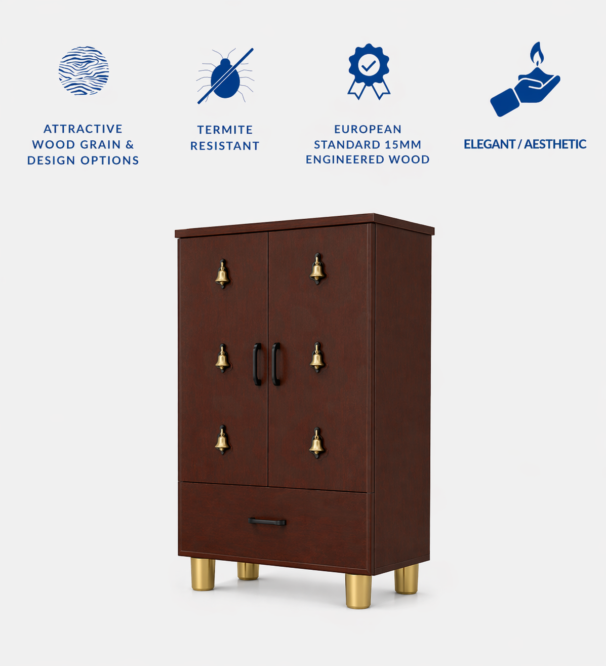 Compact Wooden Floor Temple with Bell Design Door & Spacious Storage Drawer for Home