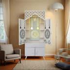 Ravishing White Finish Wooden Floor Temple with Om LED Back Panel & Spacious Storage Cabinet for Home & Office