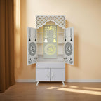 Ravishing White Finish Wooden Floor Temple with Om LED Back Panel & Spacious Storage Cabinet for Home & Office