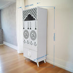 Ravishing White Finish Wooden Floor Temple with Om LED Back Panel & Spacious Storage Cabinet for Home & Office